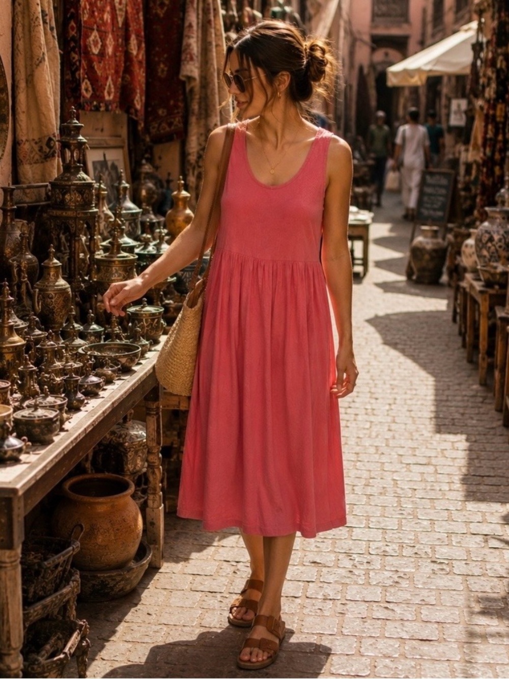 Sundry Women's Sleeveless Scoop Neck Midi Dress in coral